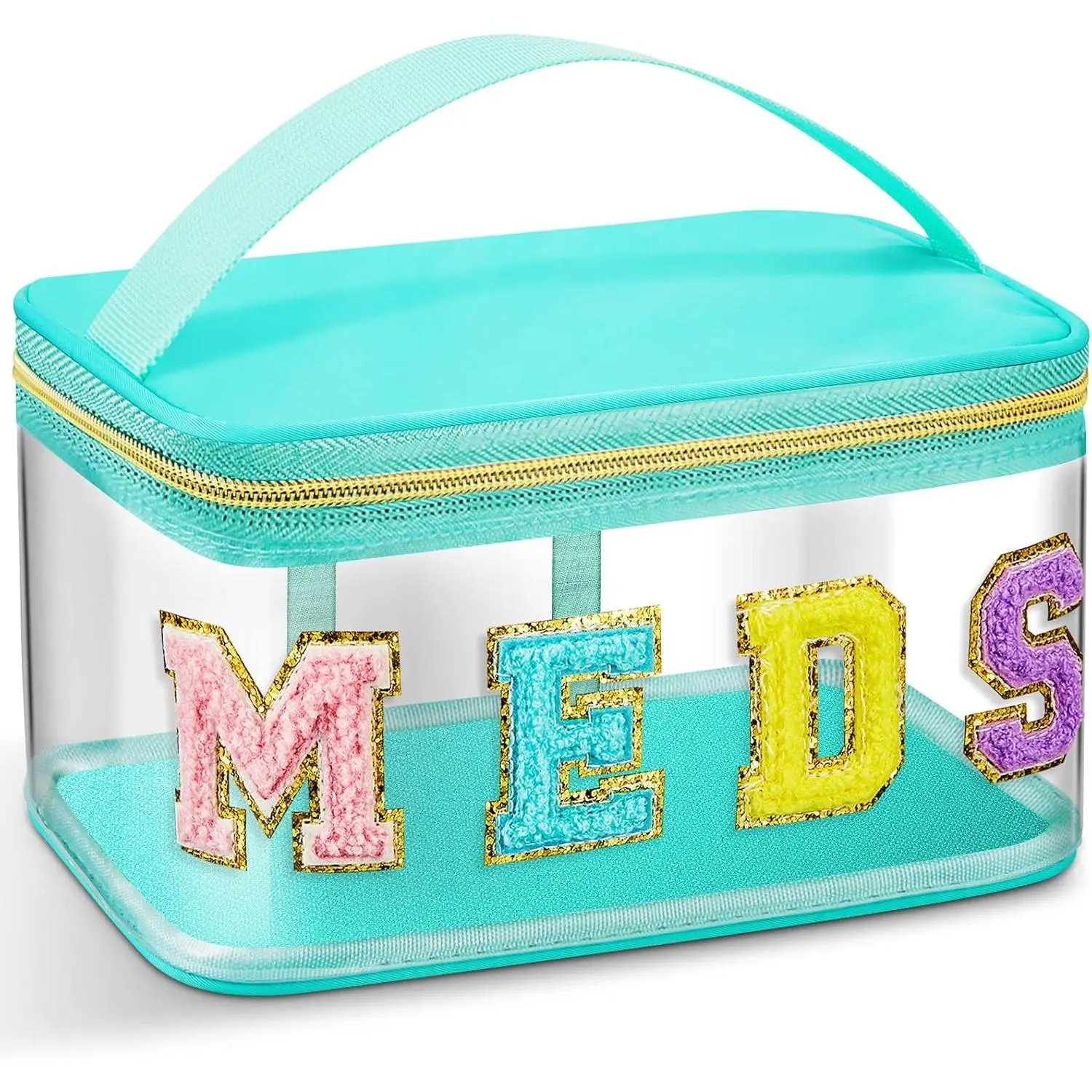 Chenille Letter Bag, Meds Cheer Travel Cases Cheerleader Gifts Cosmetic Bag Nylon Makeup Portable Preppy Patch with Zipper Toiletry Storage Case Women(Green,Meds)