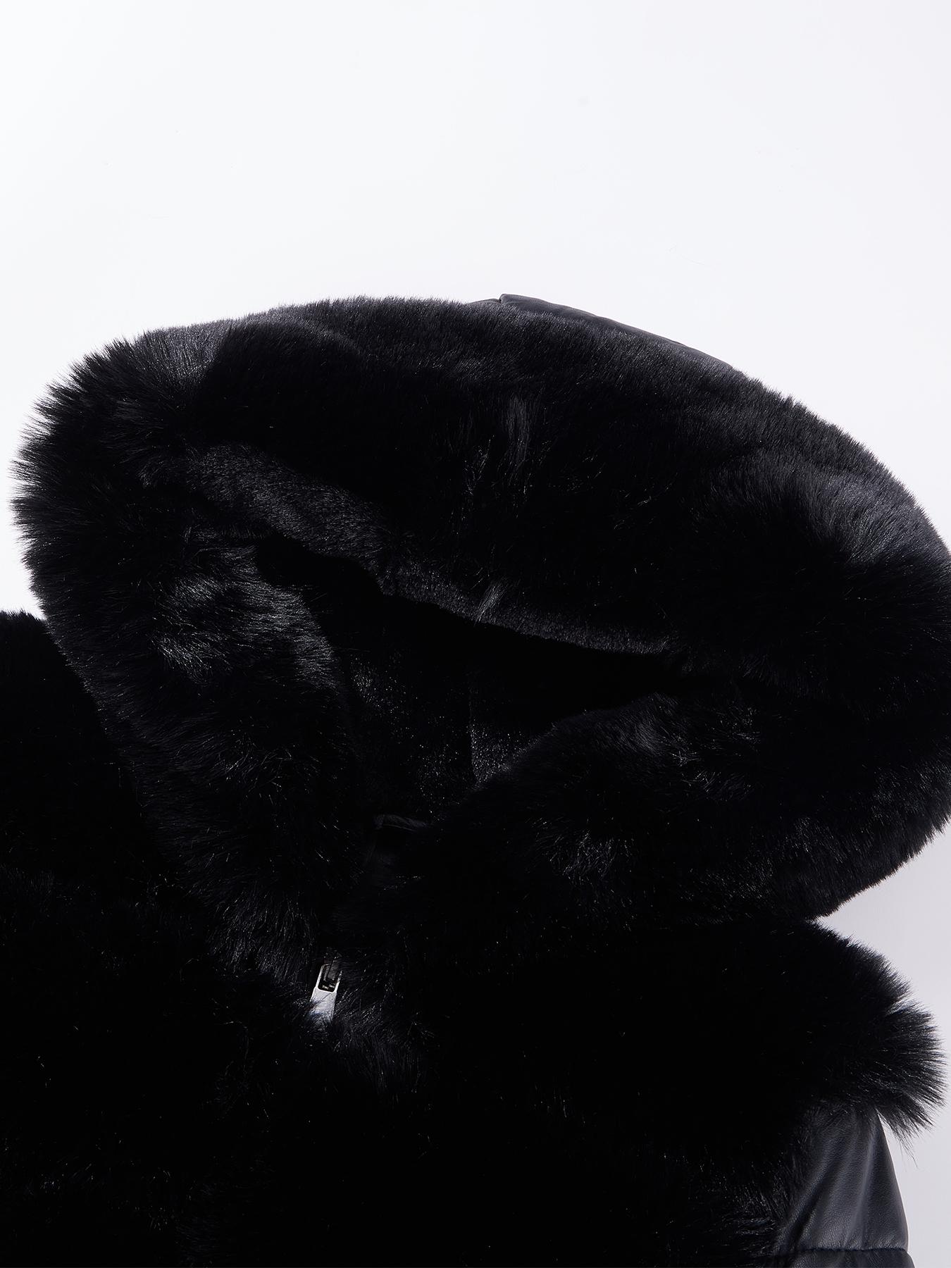 Women's Elegant Chic puffer Coat with Fleece Trim, Faux Fur & Belt, Mid-Length Fall Winter Hooded Fitted Jacket, Warm Daily Wear Outerwear