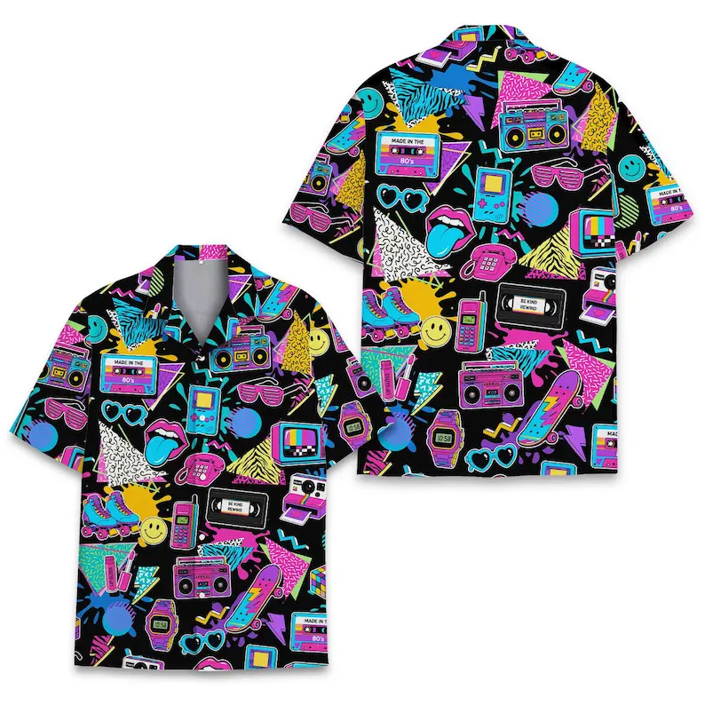 80s 90s Retro Hawaiian Shirt for Men Women, Vintage Cassette Boombox Neon Aloha Button Up, Throwback Party Shirt
