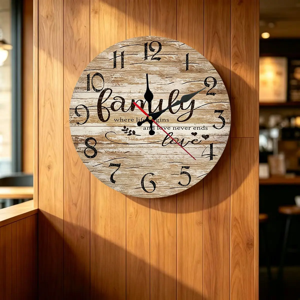 Acrylic wall clock, with wood-grain and antique artistic design. Suitable for decoration in home living rooms, bedrooms, dining rooms, hotel interiors, office interiors, birthday gifts, Halloween decorations, Christmas gifts, and tabletop ornaments.