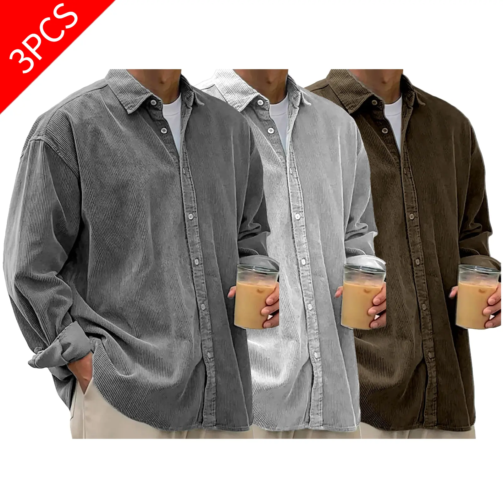 1-3Pack Best-selling cross-border men's corduroy shirt-long-sleeved, trendy, loose-fit, and casual; suitable for streetwear and everyday wear.
