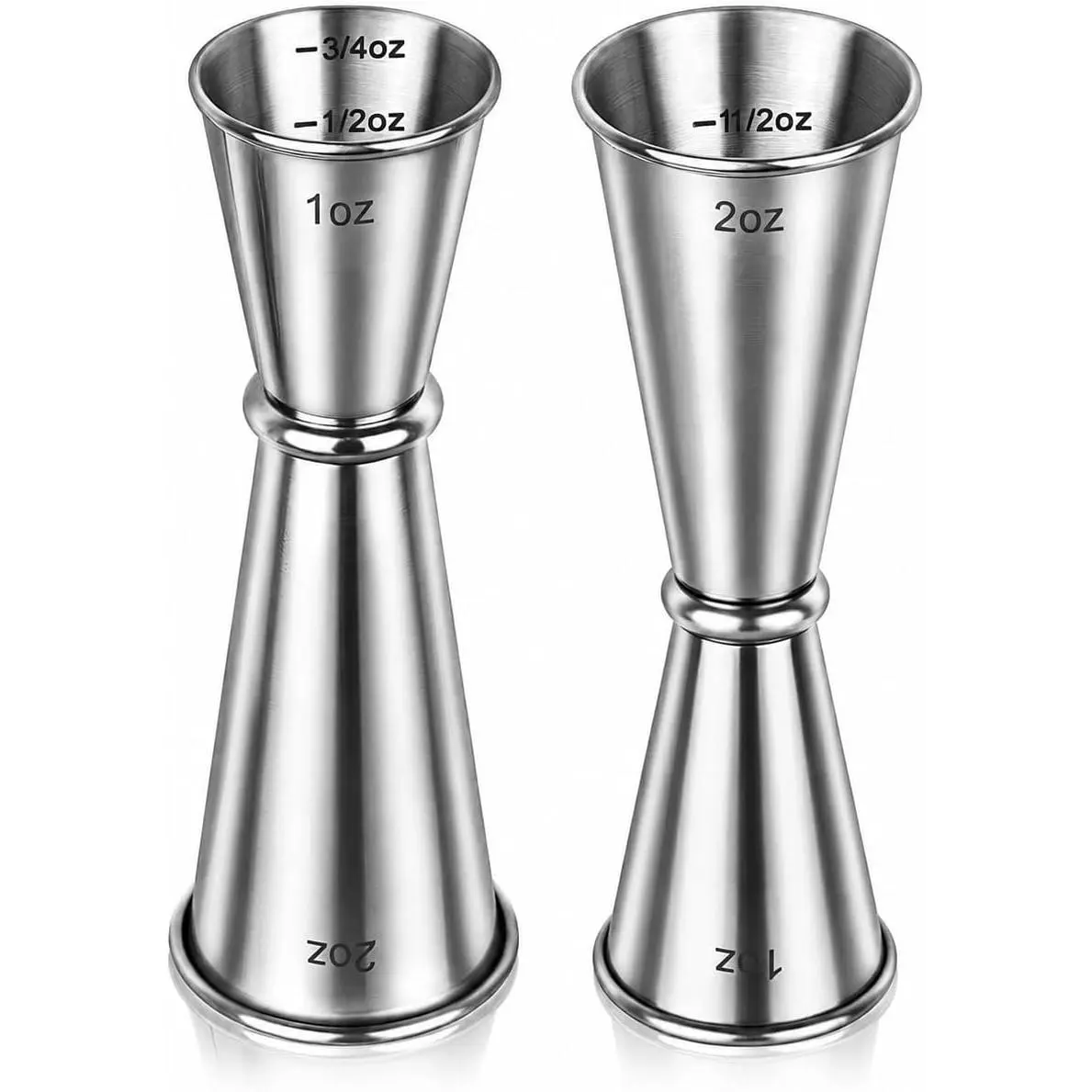 Stainless Steel Bartending Jigger 2-Pack, Accurate 2 oz & 1 oz Double Shot Measure Cup with Rolled Lip, Bar & Wine Utensil Supplies with Internal Measurements, 1Oz