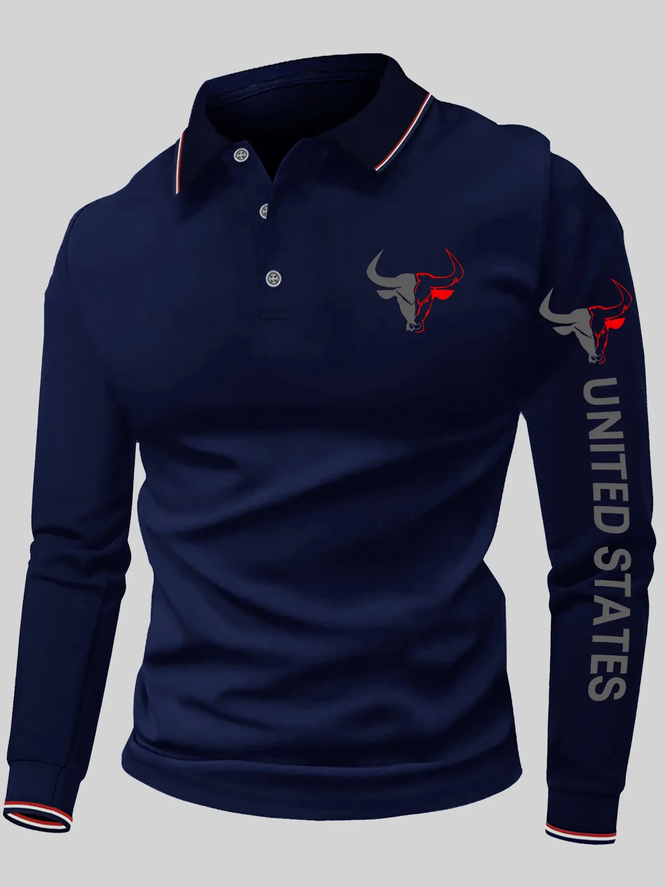 Men Lapel Collar Long Sleeve Polo Shirt Striped Cuff Collar Bull Head United States Vertical Side Letter Chest Sleeve Dual Print Business Casual Streetwear Top For Daily Golf Leisure Outfit#MensLongSleevePolo #BullHeadGraphicTop #BusinessCasualWear