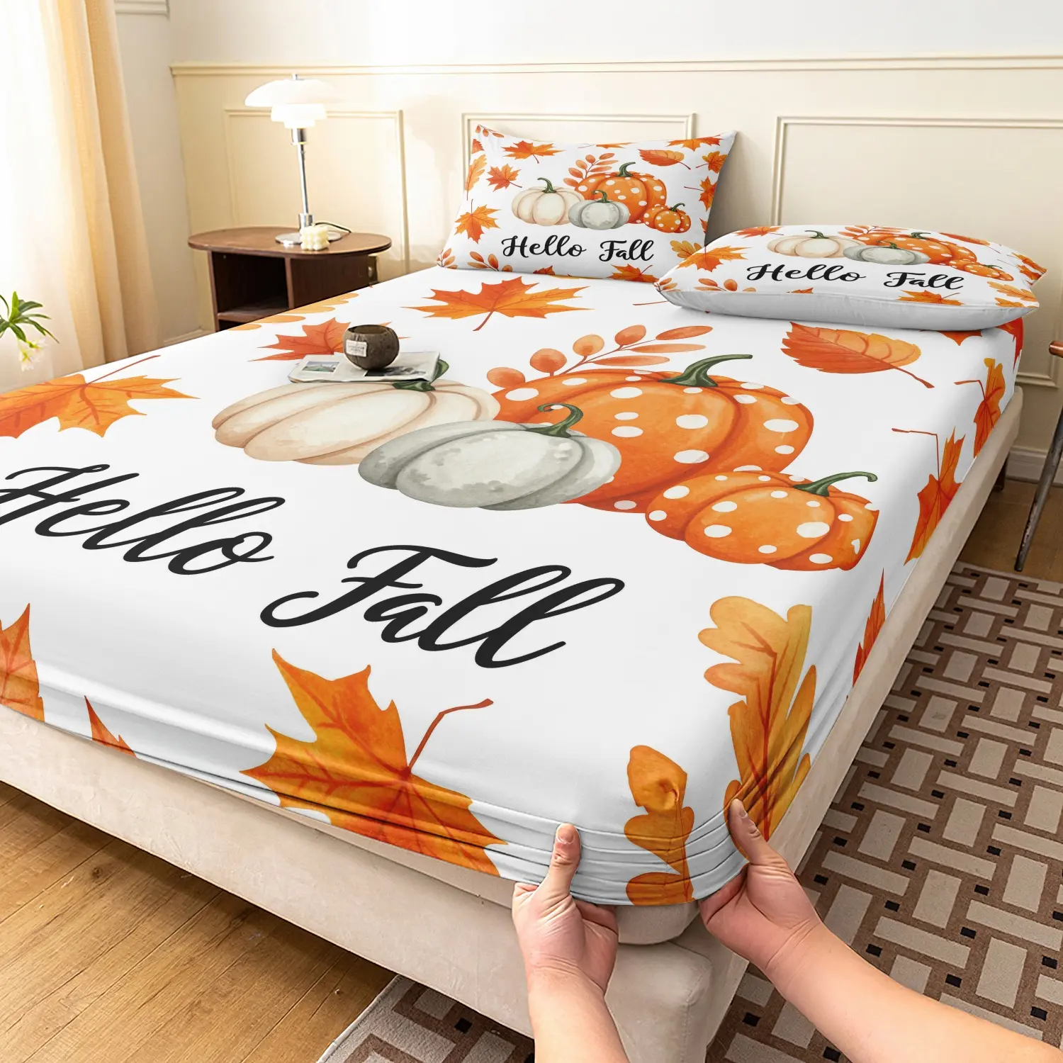 3Pcs Hello Fall Watercolor Pumpkin Print Fitted Sheet Set, Theme Bedding Set, Maple Leaf Orange Pumpkin Letter Print Bedding, Soft Microfiber Autumn Bedroom Decor (1 Fitted Sheet + 2 Pillowcases)