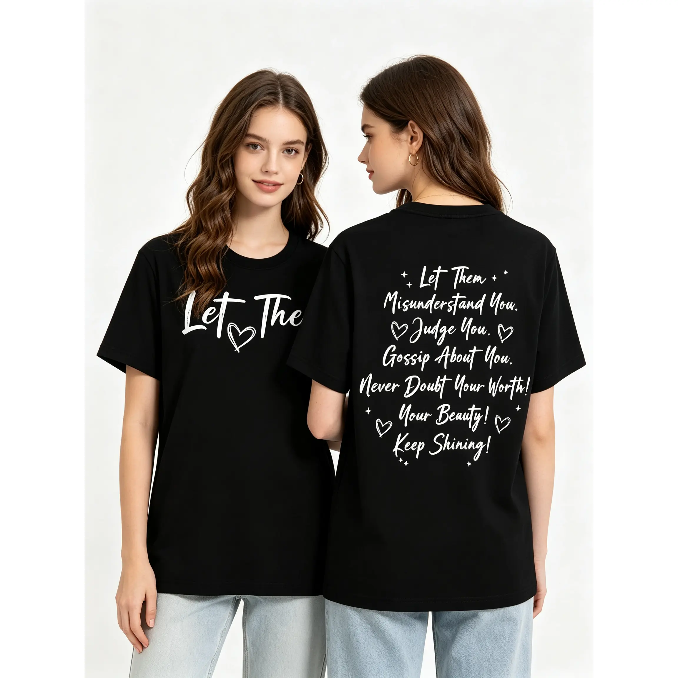 Let Them Inspirational Double-Sided Print T-Shirt, Women's Positive Quote Graphic Tee, Casual Top, Breathable & Loose Fit, S-3XL