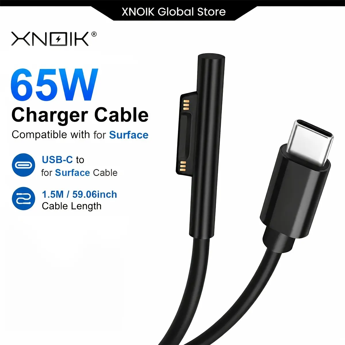 65W USB-C Typec to for Surface Magnetic Charger Cable, 1.5M/59.06Inch Fast Charging Cord Compatible with for Surface Pro 10/9/8/7/6/5/4, for Surface Laptop, for Surface Go, for Surface Book, PD Power Cable for Laptop Tablet, Office, Study & Travel Use