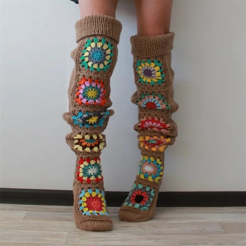 Extra Long Thigh High Socks Women Ethnic Crochet Knit Over Knee Stockings Autumn Winter Fashion Christmas Gift