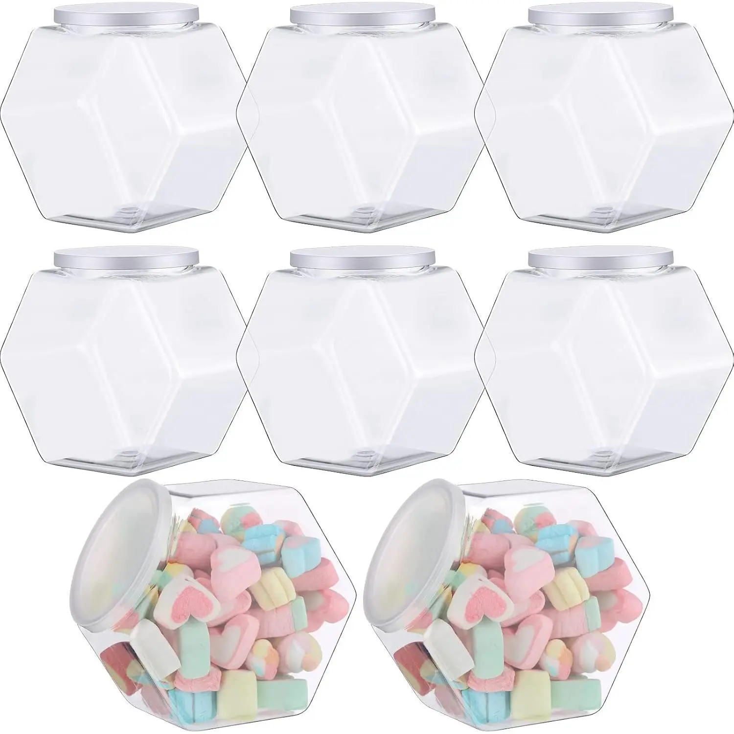 8 Pcs Hexagon Plastic Jars Cookie Jars with Airtight Lids Clear Candy Jar Wide Round Mouth Snacks Dog Food Candy Containers Reusable Coffee Display for Gifts and Storage (30 oz)