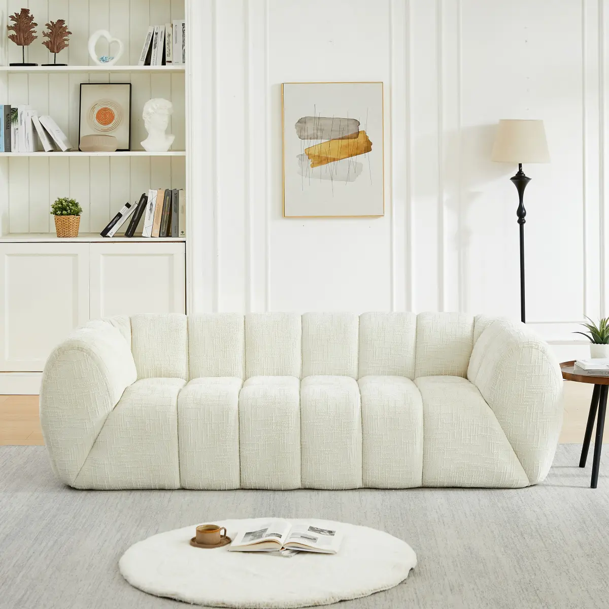 Chenille Pure Foam 3-Seater Sofa - Modern Quilted Cloud Sofa with Quilted Cushion, Checkered Seat, Fixed Arms, Deep Seat, Comfortable Indoor Living Room Furniture for Contemporary Home Decor