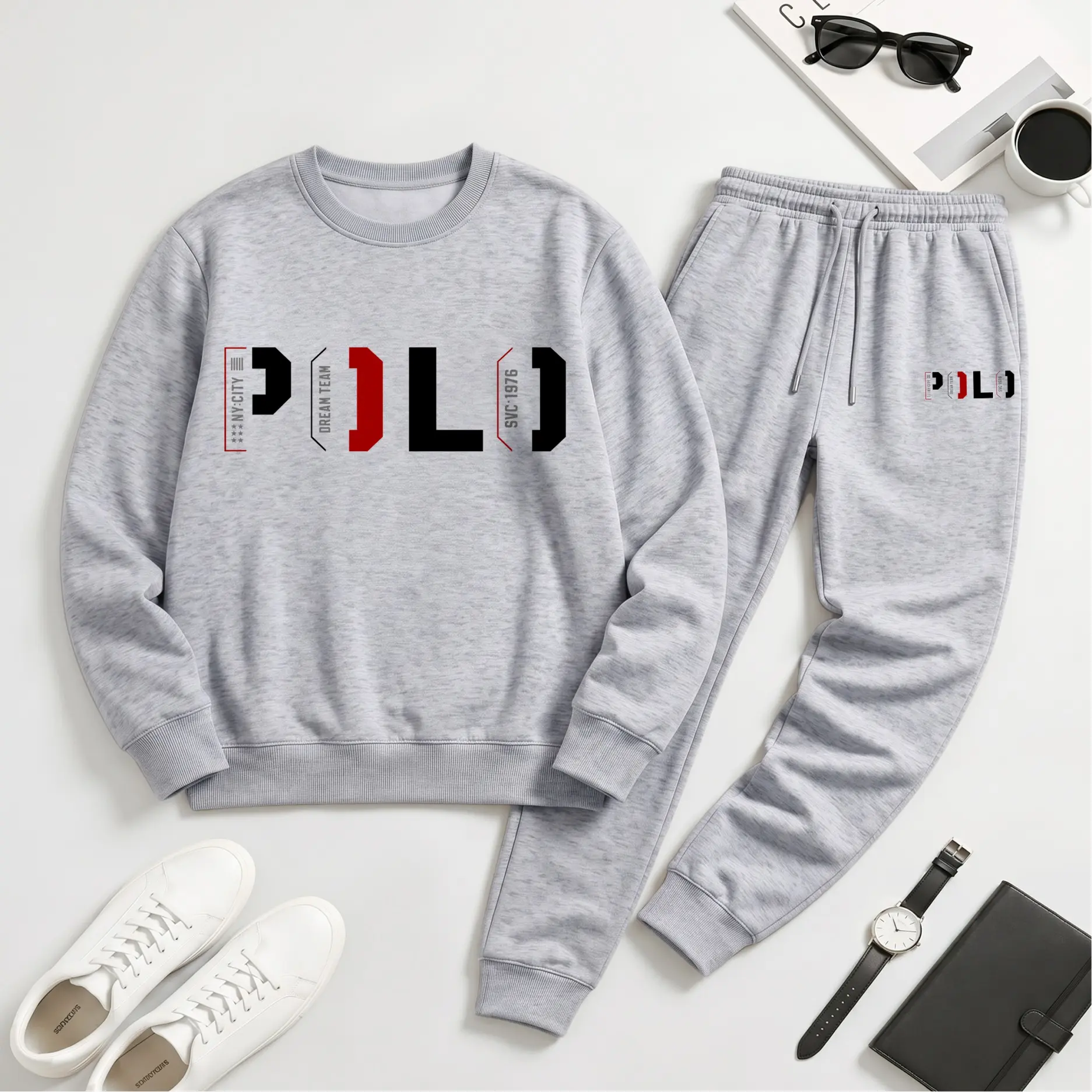Men's Minimalist Letter Graphic Tracksuit, Loose-Fit Polyester Crewneck Sweatshirt and Joggers Set for Daily Wear & Lounge