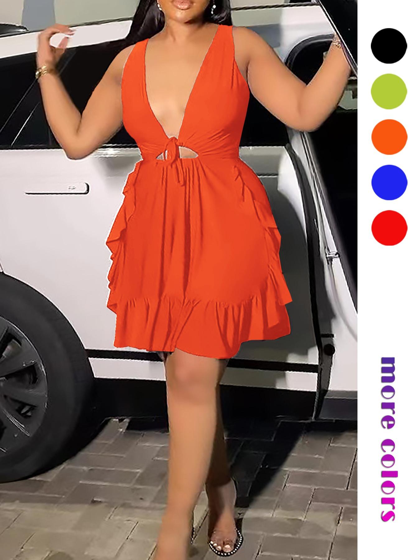 Women's Plain Cut Out Ruffle Hem Tie Front Tank Dress, Elegant Deep V Neck Sleeveless A Women's Plain Cut Out Ruffle Hem Tie Front Tank Dress, Elegant Deep V Neck Sleeveless A