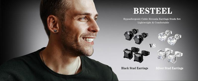 BESTEEL Hypoallergenic CZ Black Stud Earrings for Men & Women - Stainless Steel studearrings, Square Round Shape, Sensitive Ear Jewelry Set, Model 3-8MM accessories men