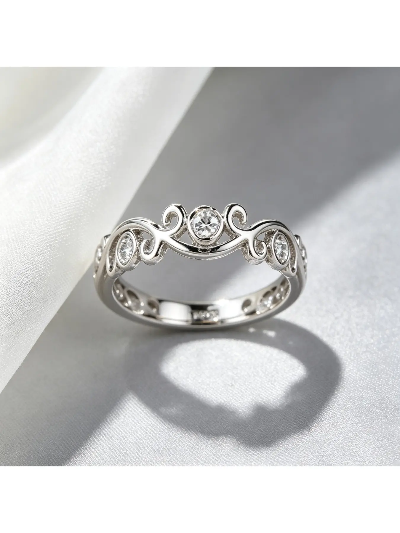Hollow Scroll Wave Diamond Silver wedding band, vintage patterned half circle eternity band, elegant delicate birthday gift for ladies, stackable daily women jewelry, suitable for Thanksgiving family dinners, Valentine dates and wedding matching occasions