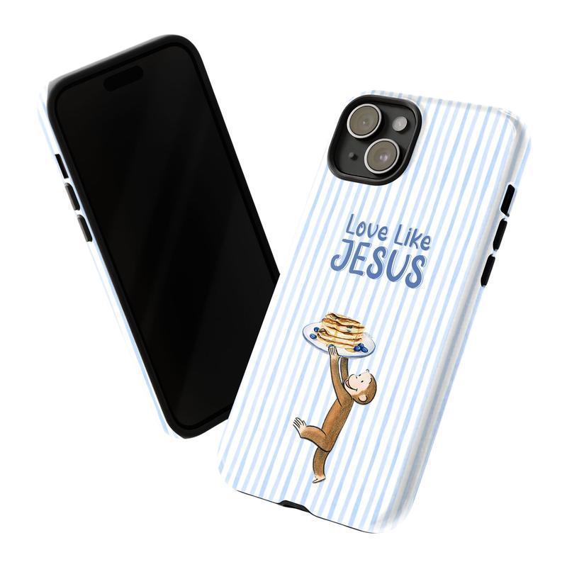 Curious George IPhone Case, Cartoon Monkey Phone Cover with Love Like Jesus Bible Verse and Pancake Design Phone Case Suitable for IPhone 17, 16, 15, 14, 13, 12, 11 Pro Max, X, XR, XS Max, 8, and 7 Plus