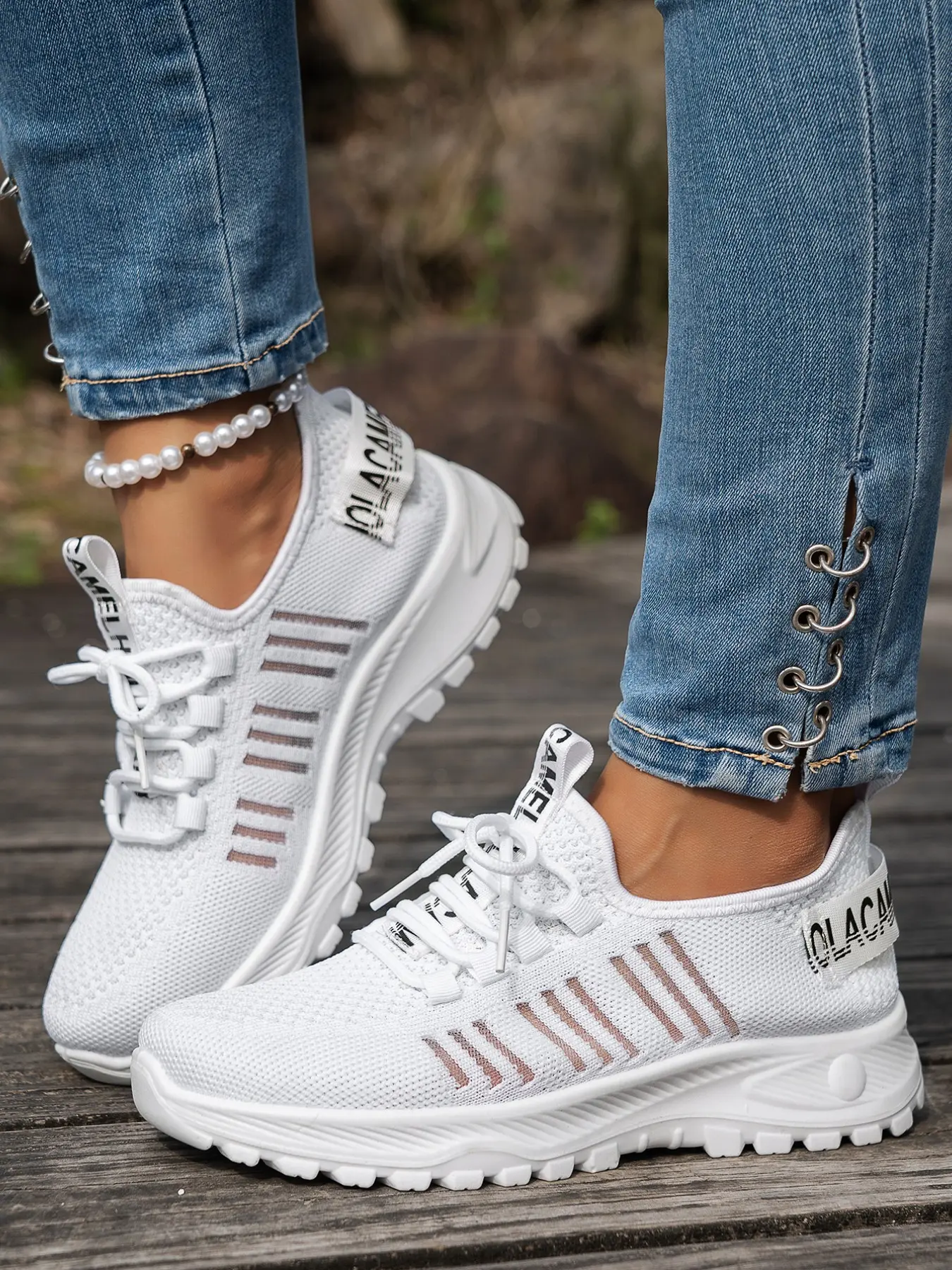 Women Knit Walking Sneakers, Lace Up Stripe Printed Casual Trainers, Non-Slip Rugged Thick Outsole Fashion Shoes, Lightweight Closed Toe Daily Footwear for Shopping Travel Outdoor Activities