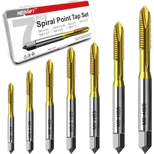 7pcs Spiral Point Tap Set M2 M2.5 M3 M3.5 M4 M5 M6, Titanium Coated High Speed Steel 6542 Machine Threading Tool for Metalworking and Precision Repair