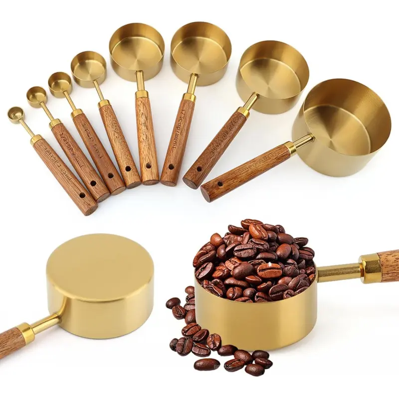 Gold Measuring Cups and Spoons Set of 8, Kitchen Measuring Utensils, Stackable Stainless Steel Measuring Spoons and Measuring Cup Set with Wood Handles, Dry & Liquid Measuring Cups for Cooking & Baking