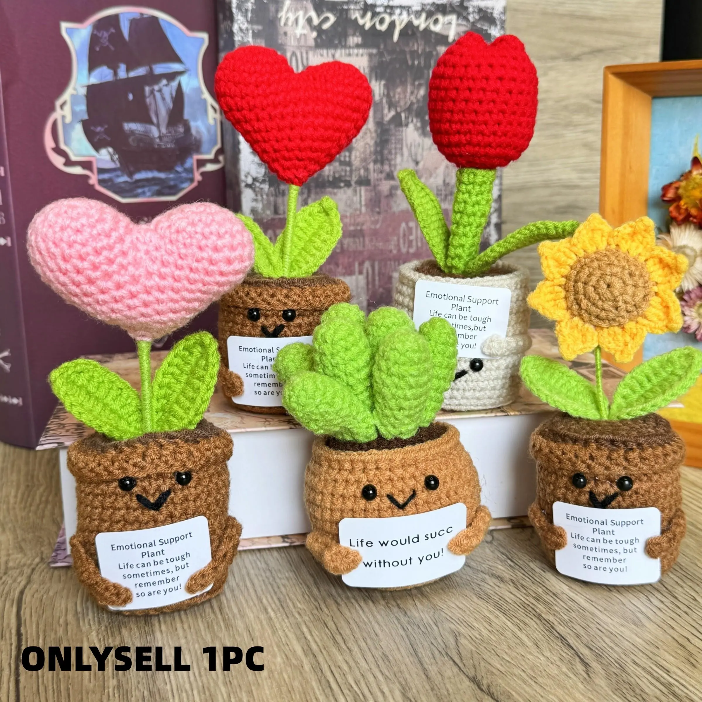 Cute Handmade Crocheted Stuffed Amigurumi Sunflower Heart and Cactus, Emotional Support Plants, Graduation Gift for Mothers and Teachers, Home and Office Decor