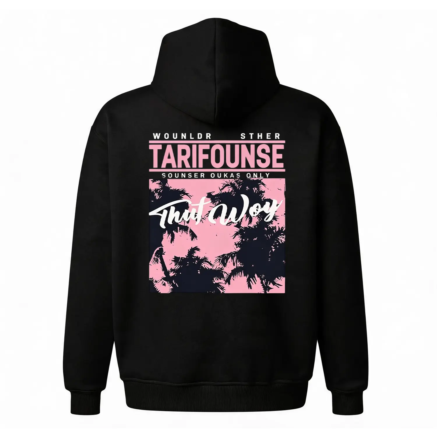 Tropical Palm Tree Graphic Hoodie |   Pink & Black Retro Back Print |   Oversized White Unisex Fleece Sweatshirt |   Trendy Y2K Vacation Style ? ?