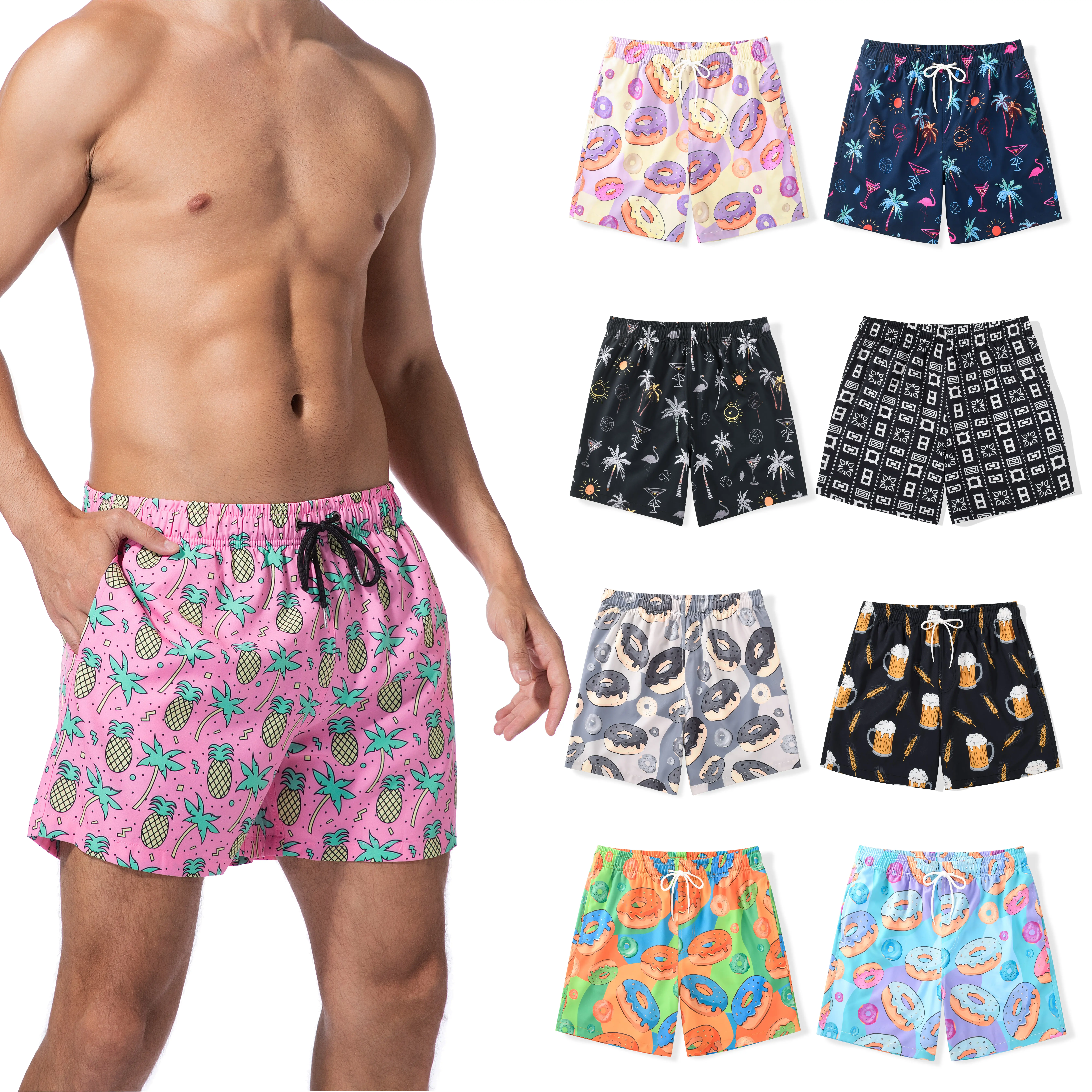 Men's Swim Trunks, Casual Donut Print 7" Lightweight Quick-Dry Polyester with Mesh Lining, Pockets and Elastic Drawstring Waist ,Thin   Fabric   for  Beach Vacation