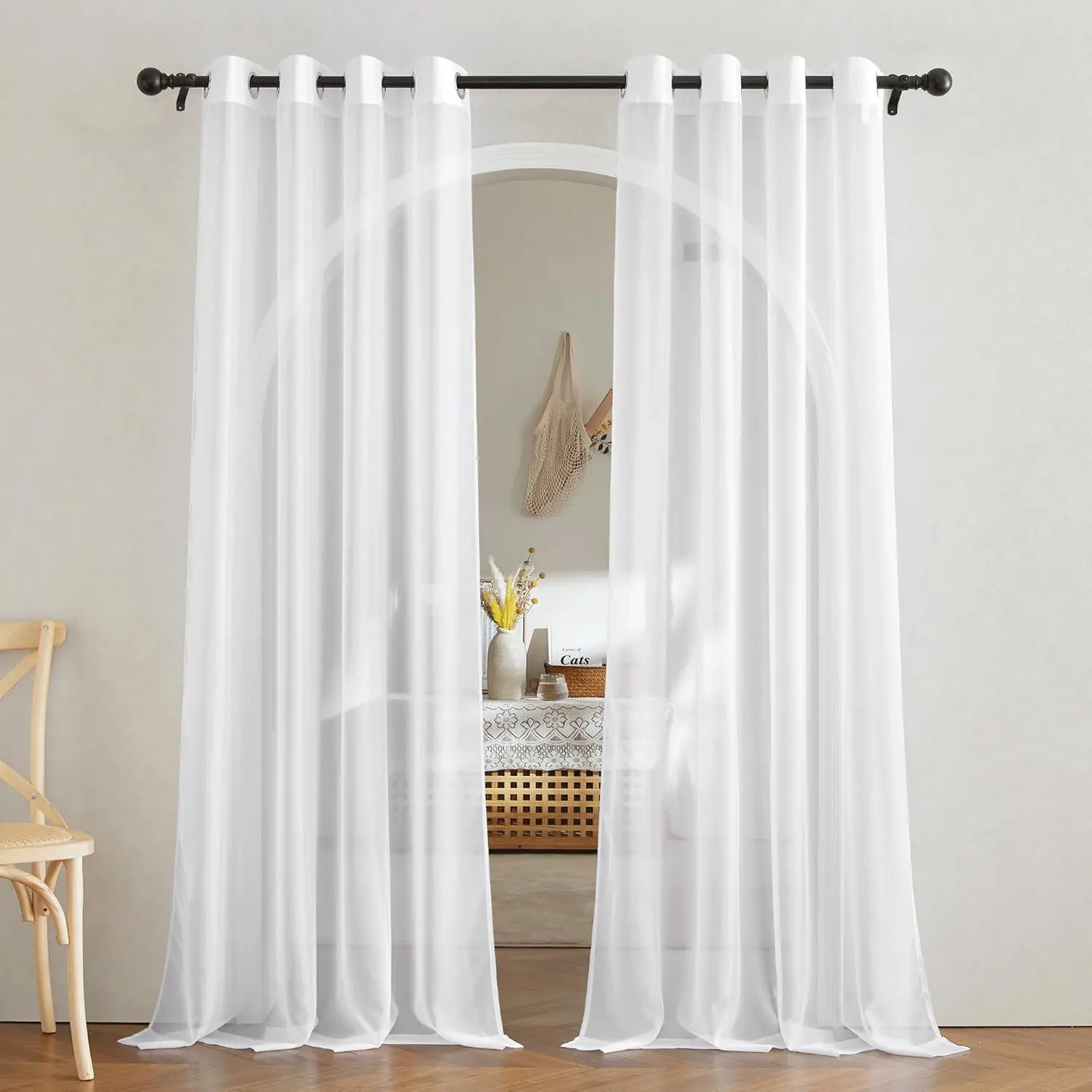 White Sheer Curtains 84 inches Long - Home Decoration Grommet Airy & Lightweight Elegant Window Treatments with Light Filtering for Bedroom/Living Room (2 Panels, W54 x L84)