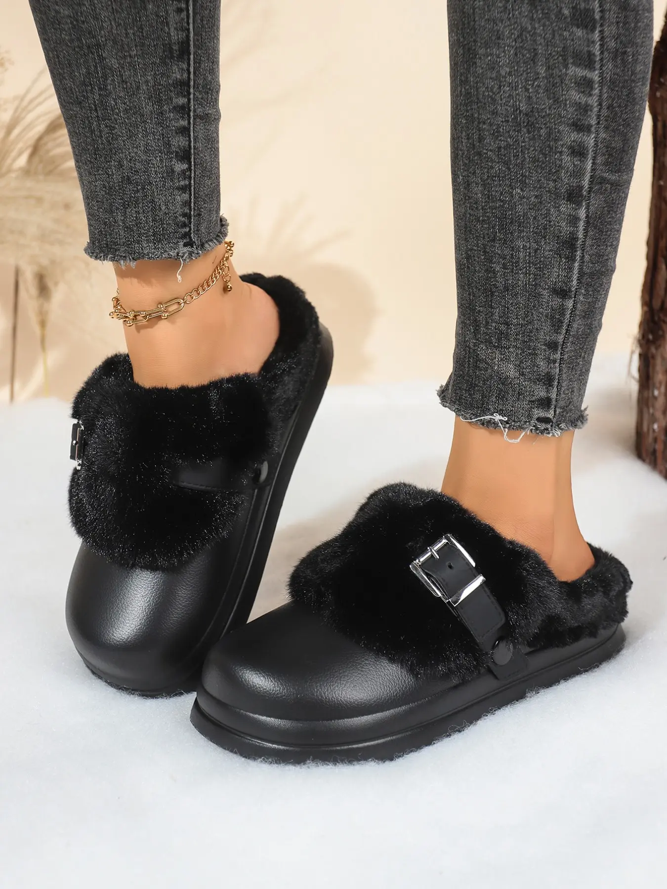 Trendy leather fuzzy platform mules with adjustable metal buckle are the must-have casual footwear for girls who love minimalist edgy style in autumn and winter
