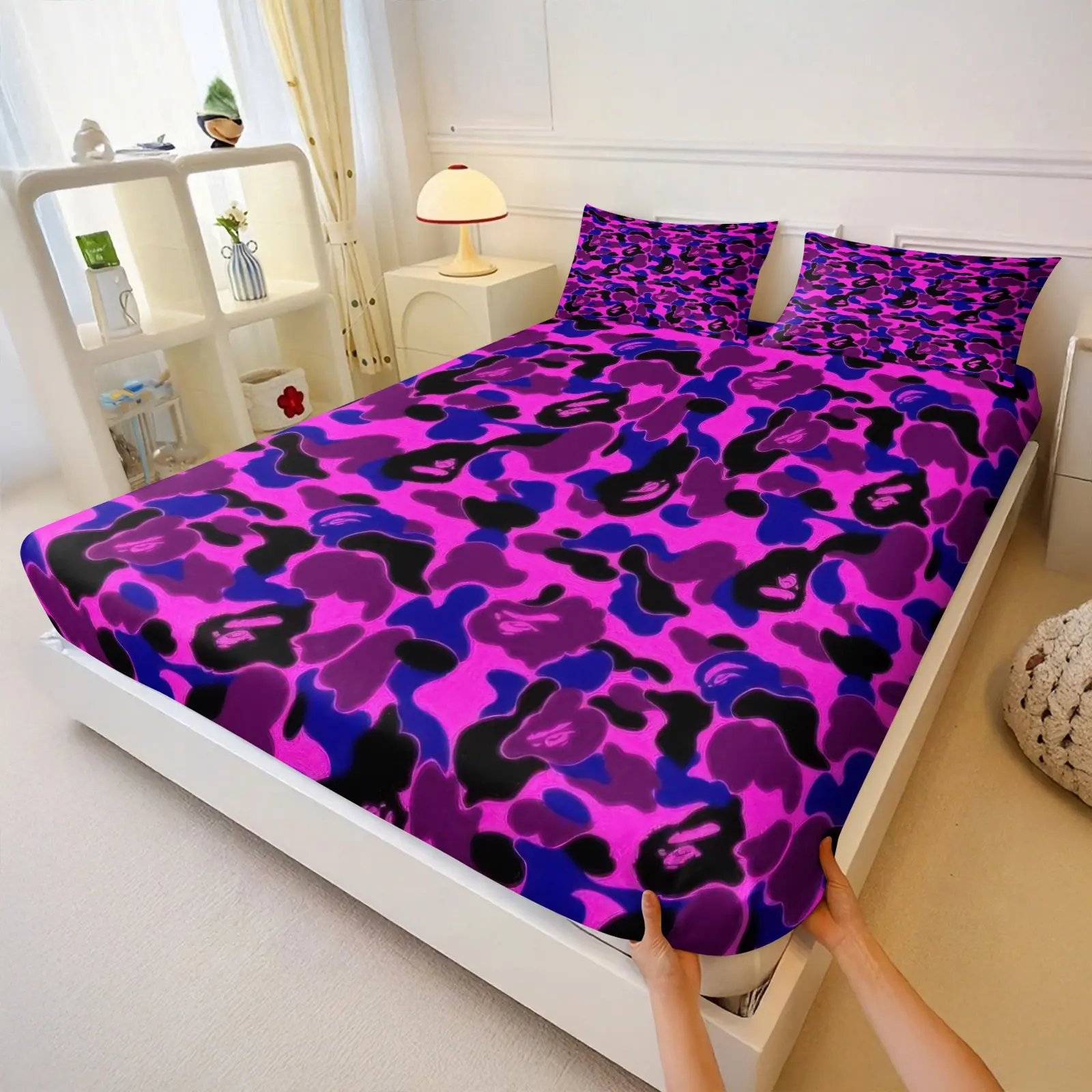 Bright Purple Blue Camo Urban Street Trend Hobby Themed 3‑Piece Fitted Sheet Set, No Filling Included, Cartoon Bedding Set, Decor for Trend Teen Family Airbnb, Colorful Camo Street Boutique Inn, Urban Edgy Vacation Cabin