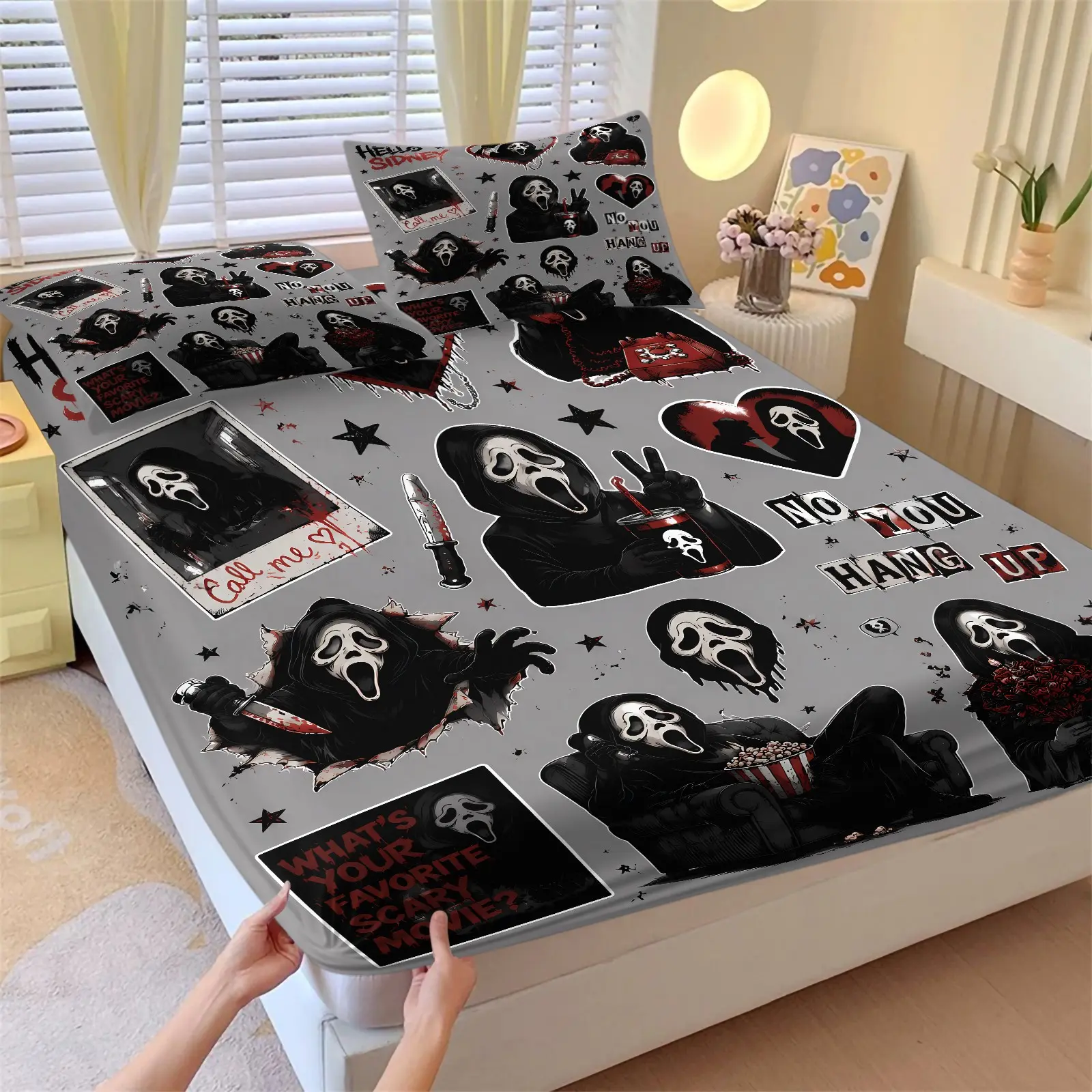 Ghostface Scream Horror Movie Fitted Sheet Set (1 Fitted Sheet + 2 Pillowcases), Soft Breathable Microfiber, All-Around Elastic Deep Pocket Non-Slip Bedding Set, Sticker Bomb Print, Spooky Halloween Horror Themed Bedroom Decor