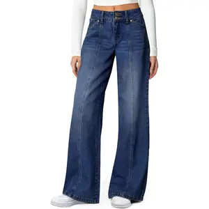 Women's Wide Leg Jeans High Waisted Stretchy Straight Leg Jeans Trendy Seamed Front Loose Denim Pants