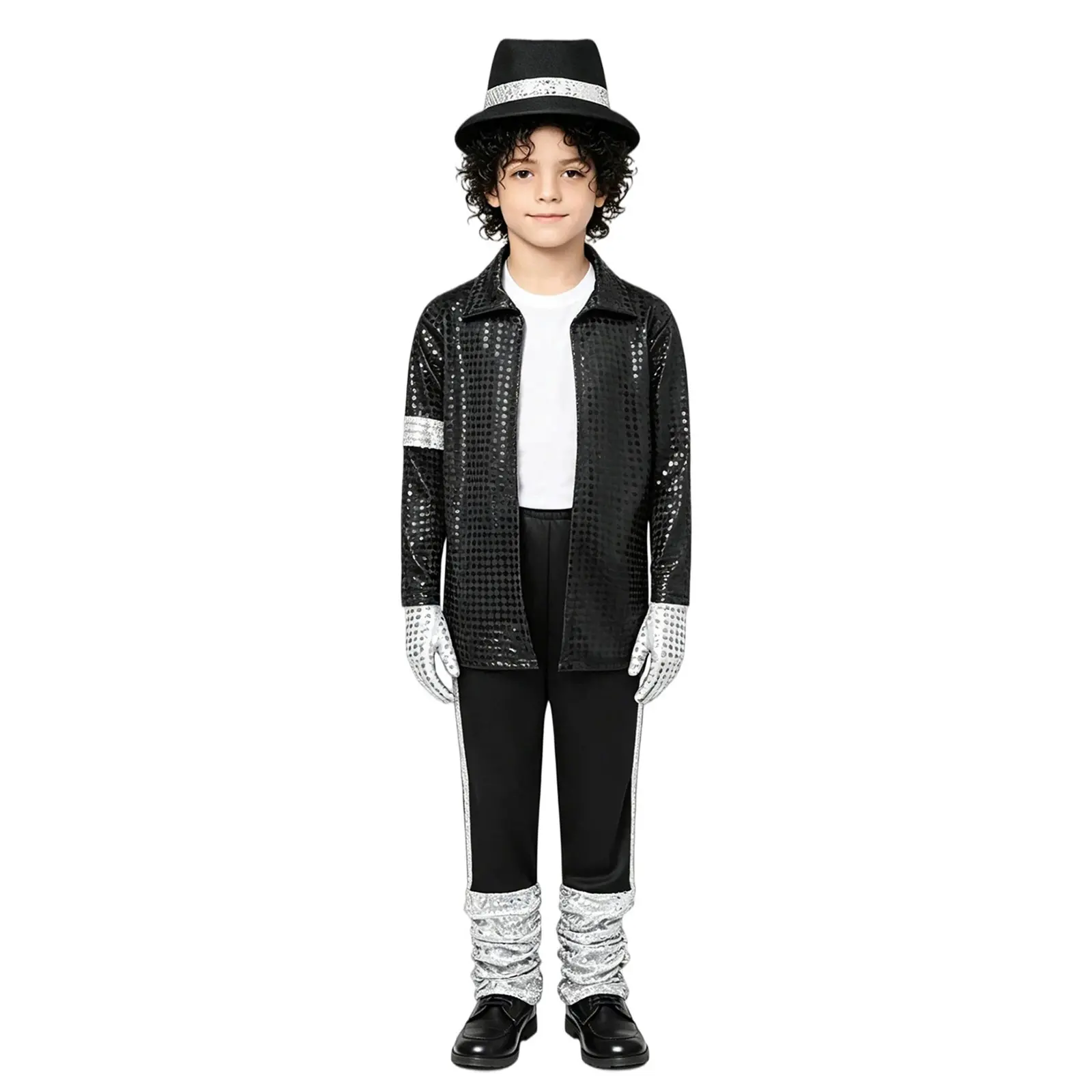 Canrulo Kids Dance Star Costume for Boys 80s 90s Pop Stage Outfits for Halloween, Jacket + Trousers + Hat + Gloves