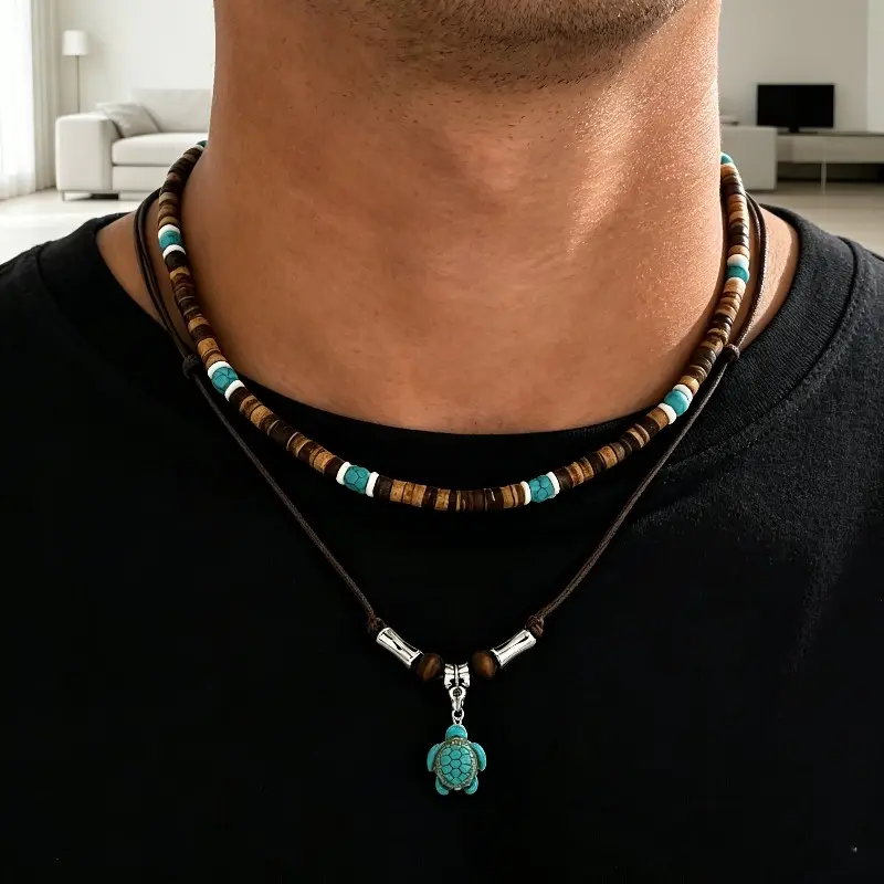 2Pcs Unisex Boho Ocean Wind Beaded Necklace with Coconut Shell Turquoise Turtle Pendant - Adjustable Length, Perfect for Daily Wear, Holiday Travel, and Father's Day/Mother's Day Birthday Gifts