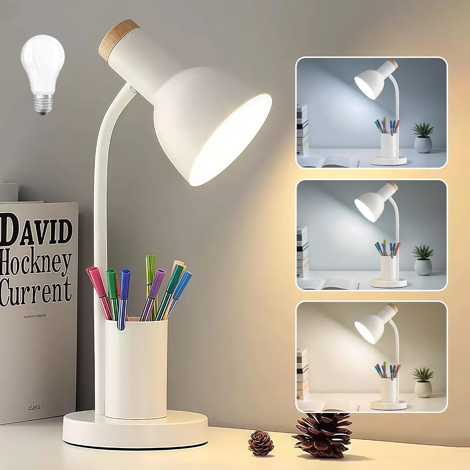 Desk Lamp, LED Desk Lamp for Home Office, 3 Color Modes Eye-Caring Reading Light, Flexible Gooseneck with Pen Holder, Table Lamp for Bedroom Bedside Study Room (White)