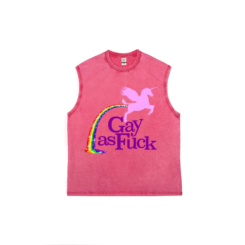 Vintage Washed Sleeveless Tank Top Unisex Rainbow Pegasus Gay As Fuck Graphic Cut Off Muscle Tee LGBTQ Pride Rainbow Casual Streetwear Tank Shirt Multiple Colors Available
