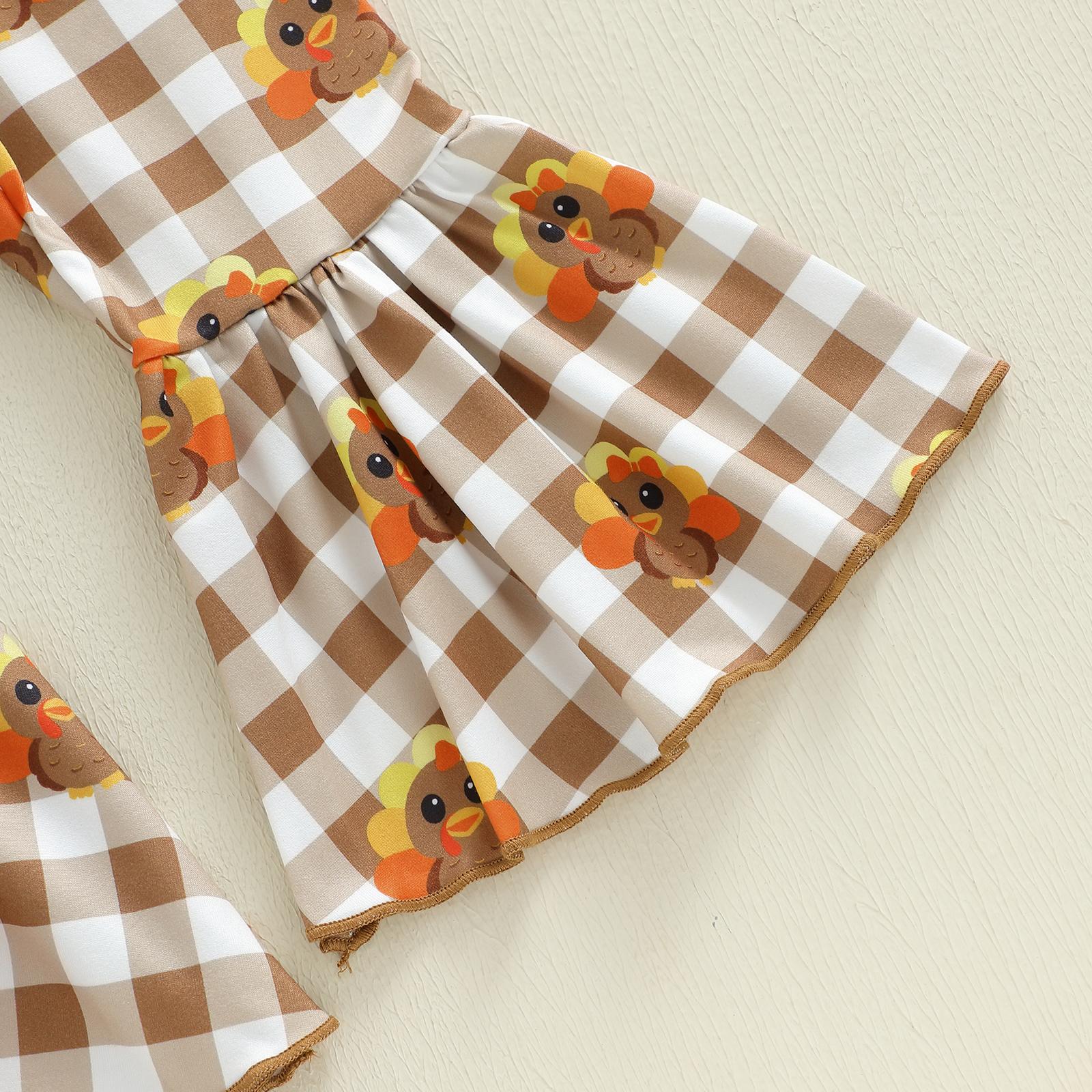 Kids Infant Toddler Little Girl Thanksgiving Outfit Little Turkey Letter Long Sleeve Sweatshirt and Plaid Turkey Flare Pants 2 Piece Set