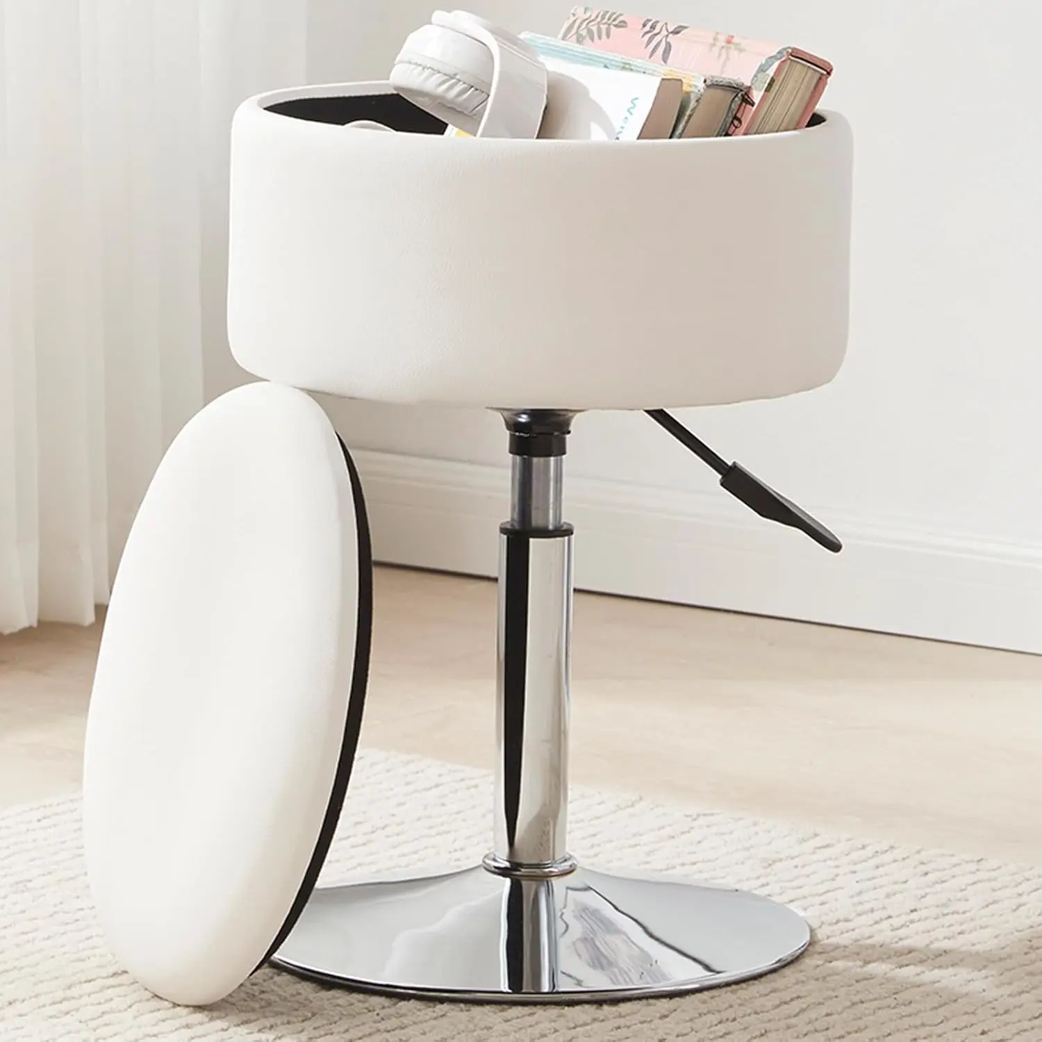 Adjustable Ottoman Stool White Vanity Chair with Storage Swivel Makeup Stool for Makeup Room Bathroom Faux Leather