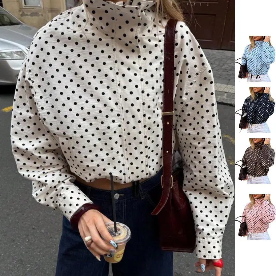 New Arrival! Women's retro polka-dot cropped bomber jacket—a loose, casual, stand-collar piece perfect for everyday street style.
