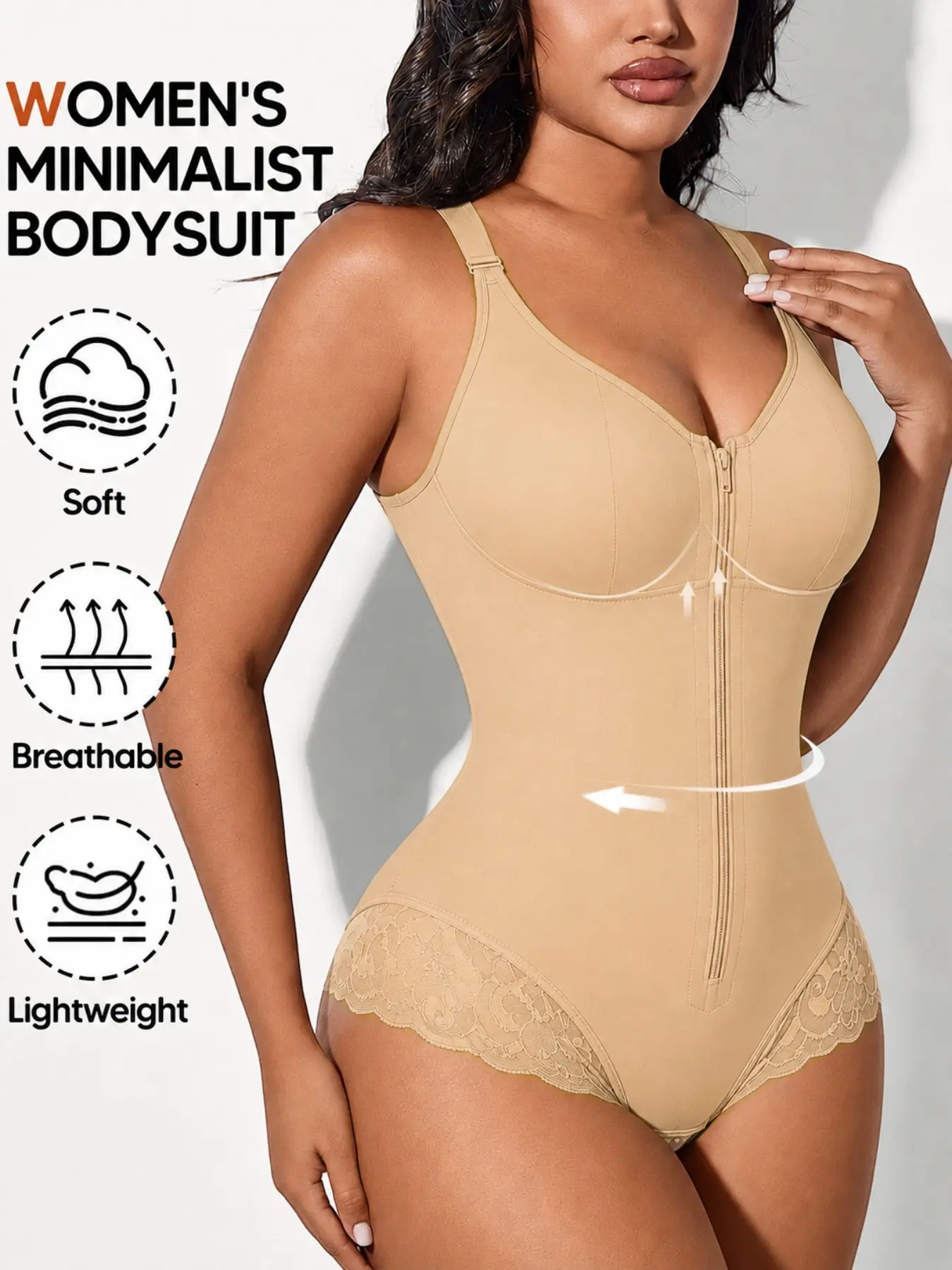 1 Count Women's Lace Hem Jumpsuit, Colombian Shapewear, Fajas, Front Zip Secure Closure Body Shaper, Butt Lifting And Tummy Control Body Shaperwear, Compression Sculpting Shapewear Bodysuit, Snug Fit Bodysuit, Perfect For All-Day Wear & Night Out