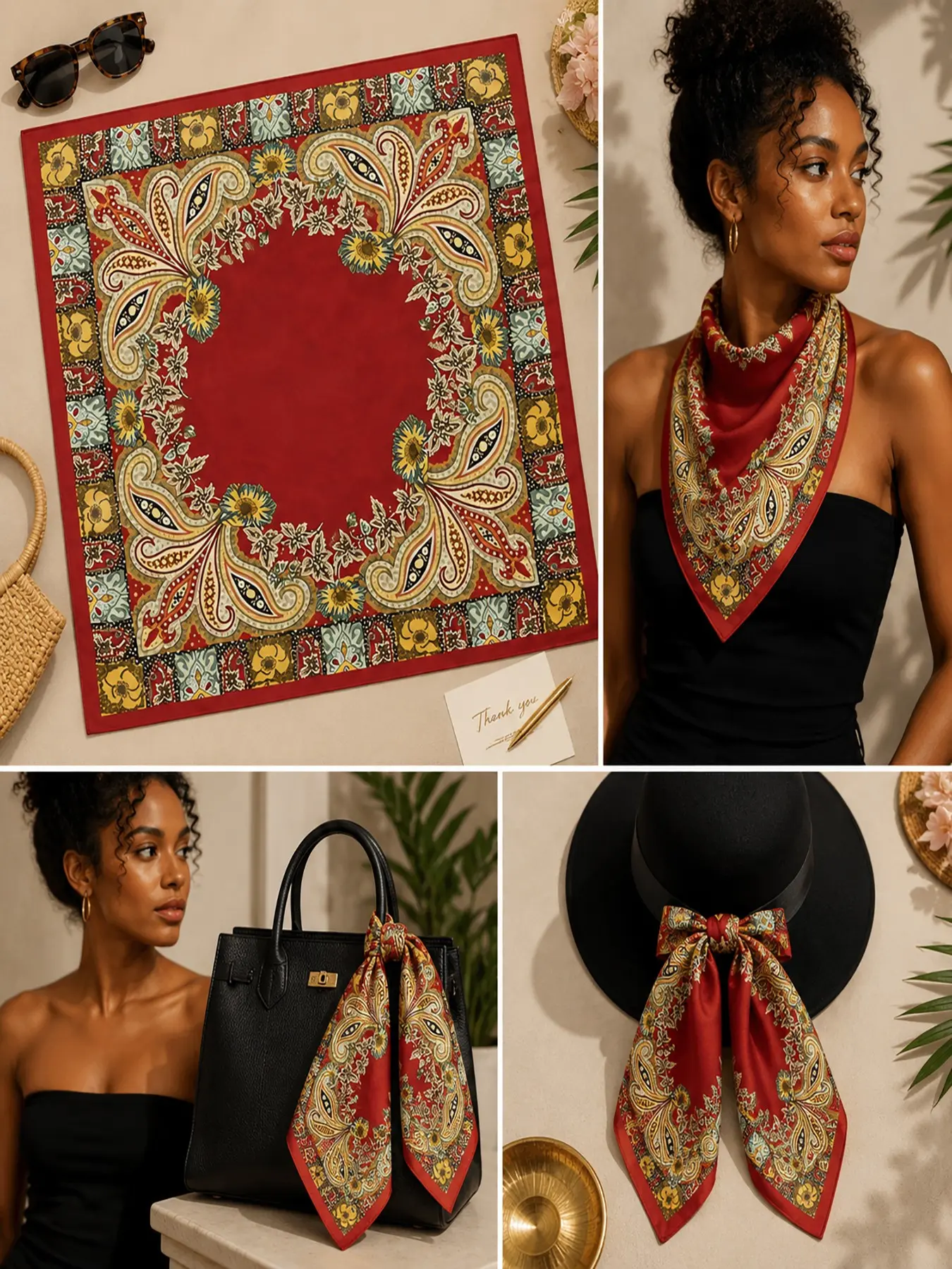 Women Vintage Paisley Floral Print Square Scarf, Burgundy Boho Bandana, Elegant Hair Bandana & Bag Handle Tie, Chic Retro Decor