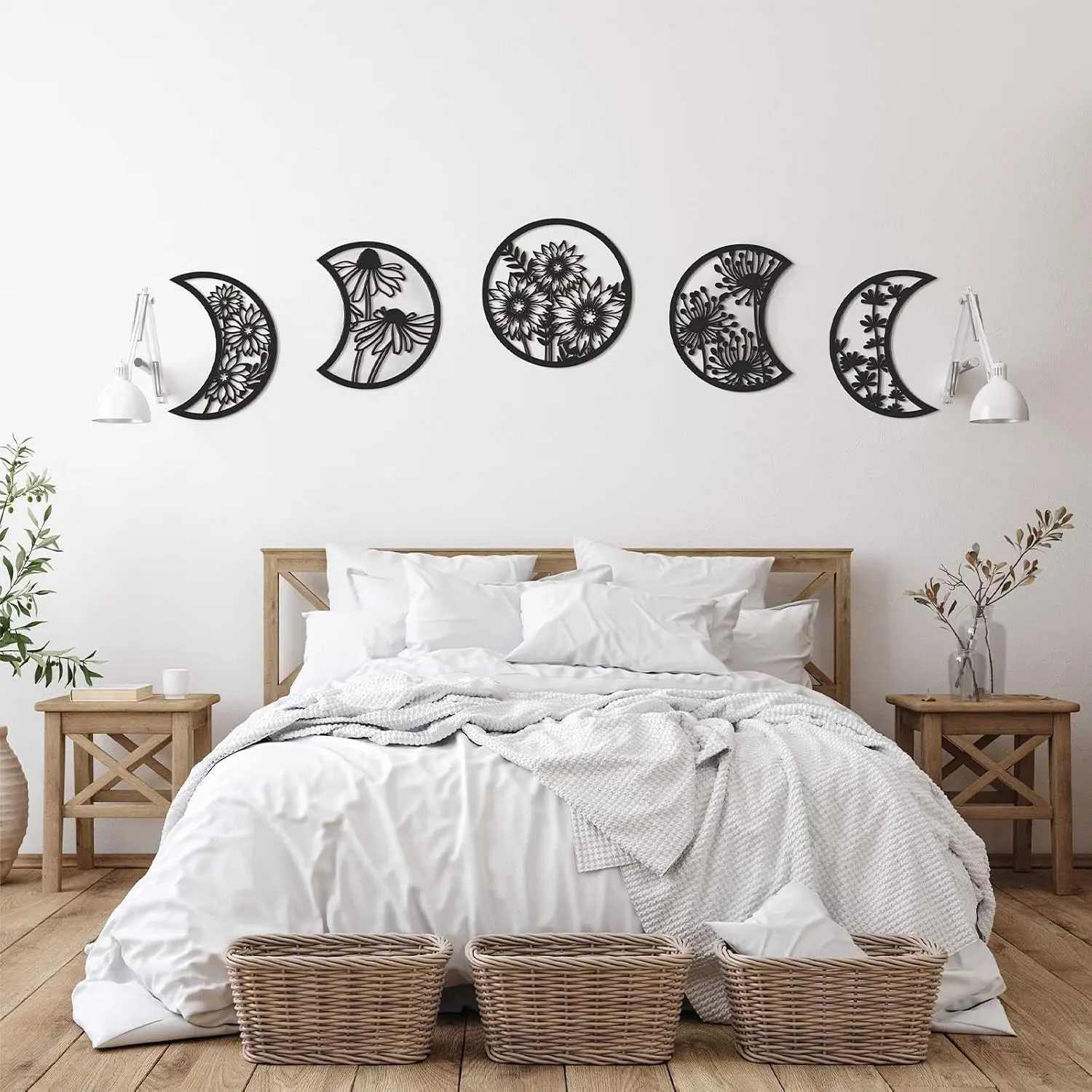 5 Pcs Hollow Round Moon Phase Wooden Wall Pediments - Decorative Eclipse Wall Art Decor, Spiritual Nordic Boho Lunar Aesthetic Ornament for Bedroom, Living Room (Black), Room Decor