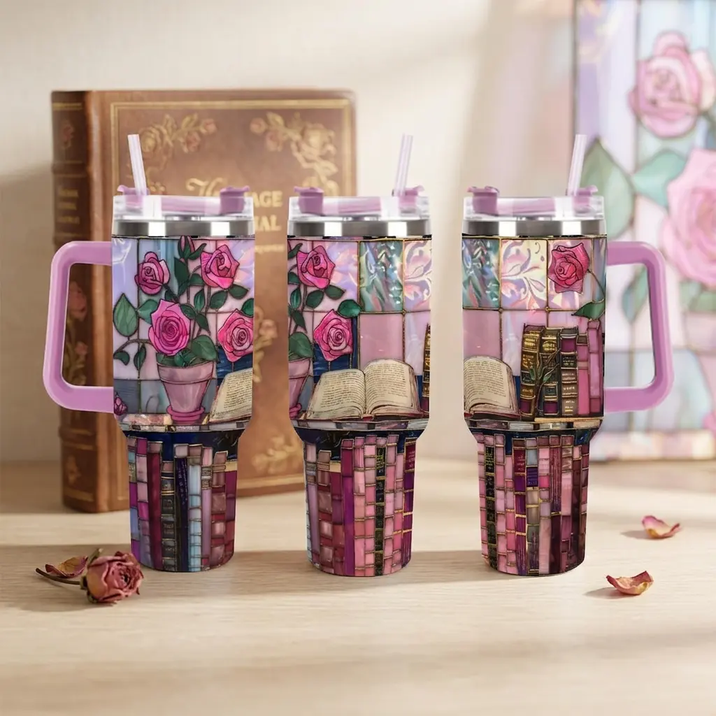 Stained Glass Books and Roses Tumbler with Handle and Straw, 40oz Floral Bookshelf Travel Mug, Pastel Pink Library Aesthetic Water Bottle, Gift for Book Lovers & Librarians, Cozy Reading Aesthetic Gift