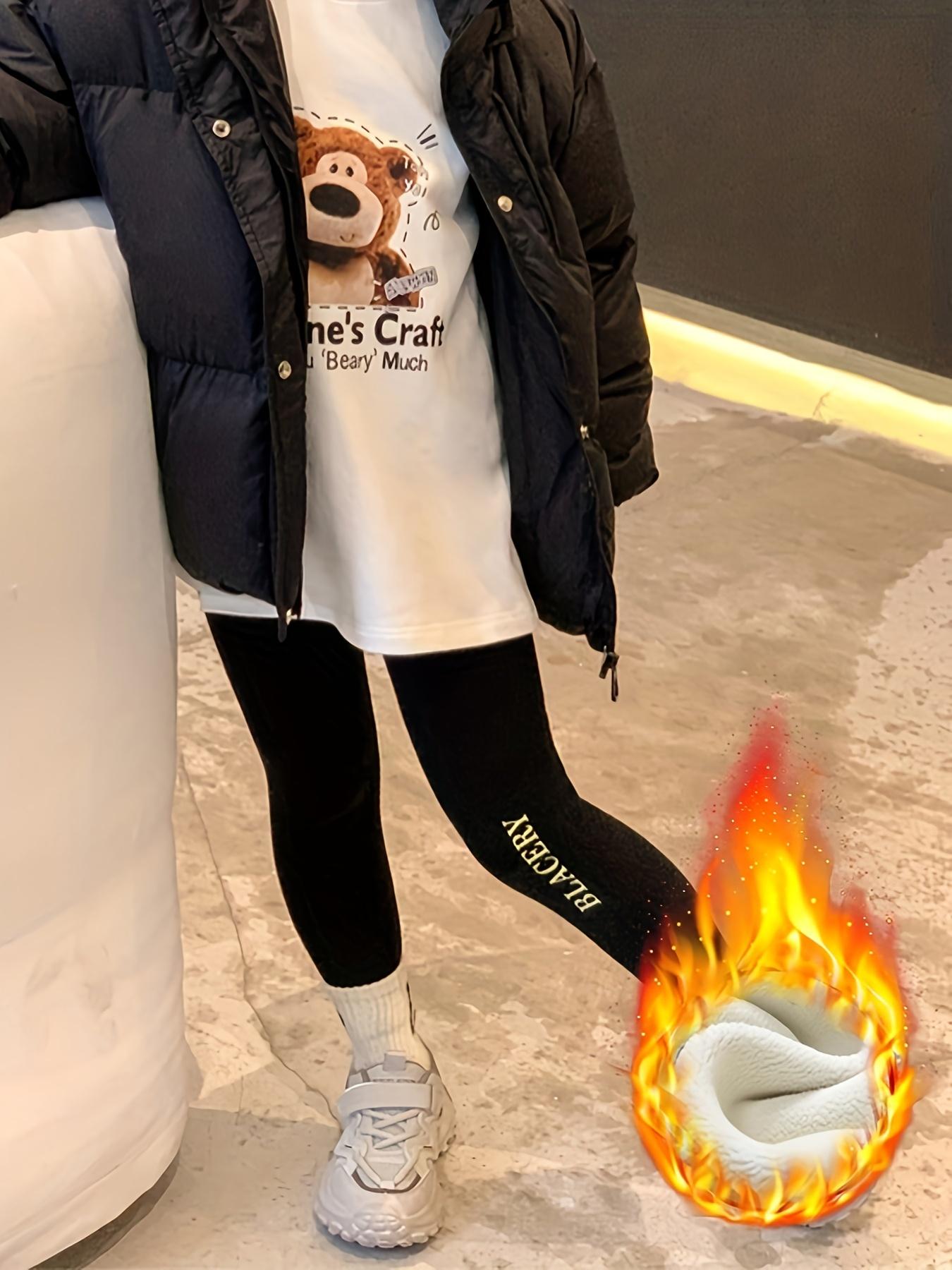 Cozy Fleece-Lined Girls' Leggings - Stretchy, Warm Winter Pants with Letter Print for Youngsters