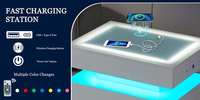 LED Nightstand with Charging Station, Floating Modern Black Bedside Table with Drawers, Smart Night Stand with Wireless Charging, USB/Type-C Ports & RGB Lights, White