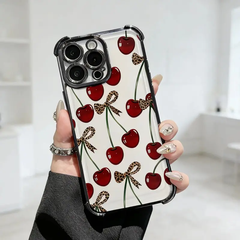 Luxury Coquette Y2K Cherry Leopard Bow Print Clear Electroplated Silicone Smartphone Casing, 4-Corner Shockproof Anti-Drop, Raised Camera Lens Protection, Cute Stylish Anti-Scratch Accessory Compatible with iPhone 17 16 15 14 13 12 11 XR XS Samsung Phones