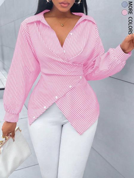 Women's Striped Print Button Front Shirt,Asymmetrical Hem ,Wrap Blouse,Fall Long Sleeve,Lady Clothing,Elegant,Daily Commuting,Going Our,Casual Women's Striped Print Button Front Shirt,Asymmetrical Hem ,Wrap Blouse,Fall Long Sleeve,Lady Clothing,Elegant,Daily Commuting,Going Our,Casual
