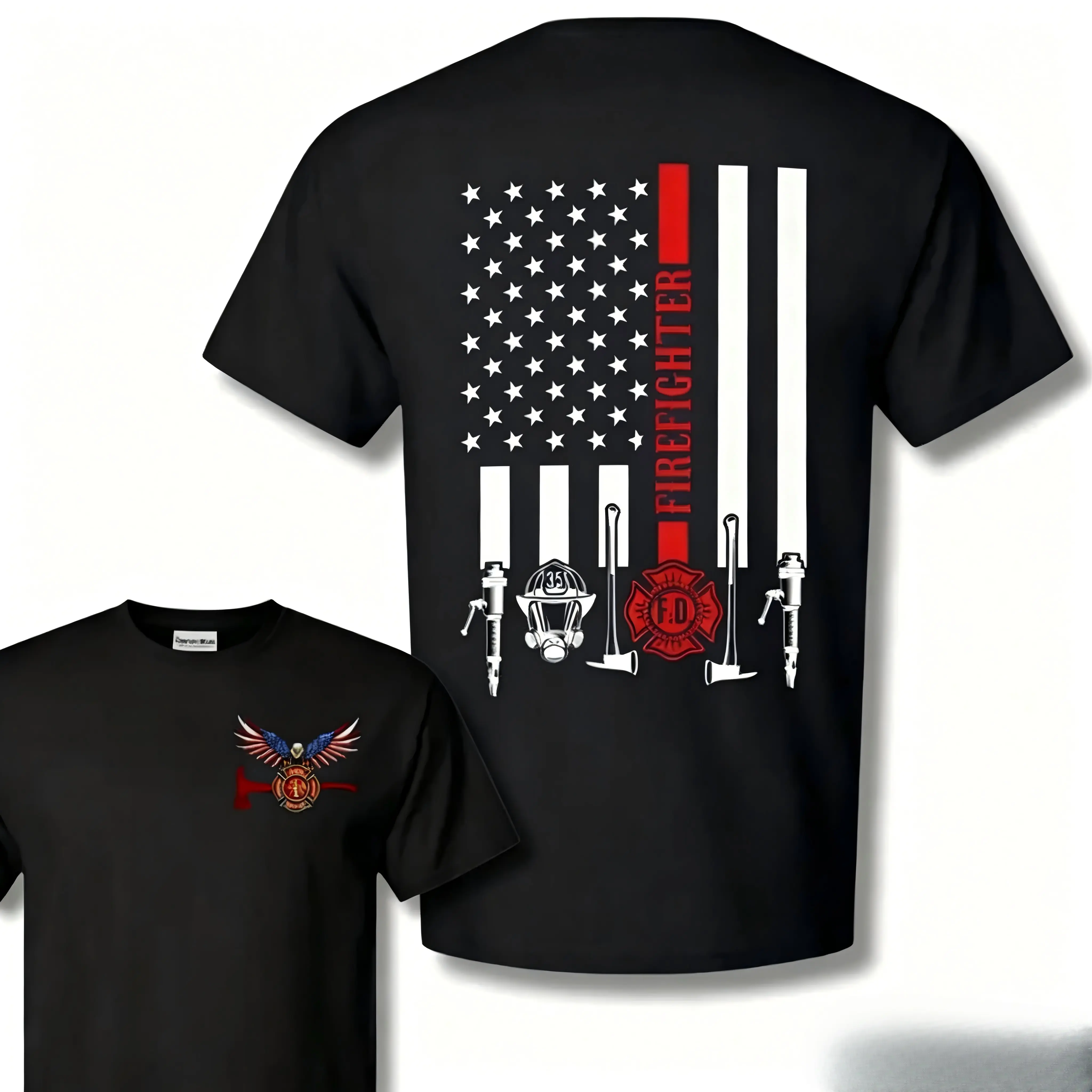 Unisex Short-Sleeve Round Neck Casual Firefighter T-Shirt - Thin Red Line American Flag Print, Fire Rescue Graphic, Navy Sports Outdoor Top for First Responders, Streetwear, Menswear, Crew Neck, Cotton, All Seasons, Clothes, Machine Washable