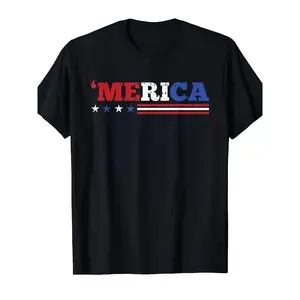 Men's USA Merica 4th of July Patriotic T-Shirt - 100% Cotton Retro American Flag Design with 'MERRICA' Slogan, Red/White/Blue Stars & Stripes, Independence Day Gift for BBQ, Parades, Casual Wear