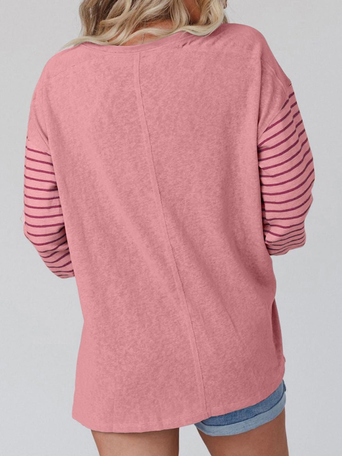 【Plus Size】 Striped Crew Neck T-shirt, Casual Long Sleeve Top for Spring & Fall, Women's Plus Size Clothing for Daily Wear