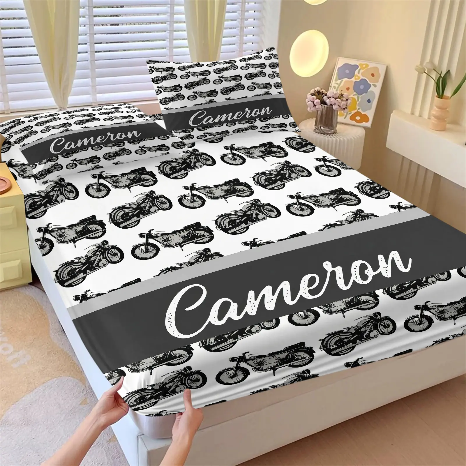 Personalized BikerPrint Fitted Sheet Set With 2 Pillowcases, Retro Hand-drawn Motorcycle Repeat Pattern, Custom Script Name Bar, Machine Washable No Deformation Fabric, Unique Sentimental Gift For Motorcycle Enthusiasts & Teen Boys