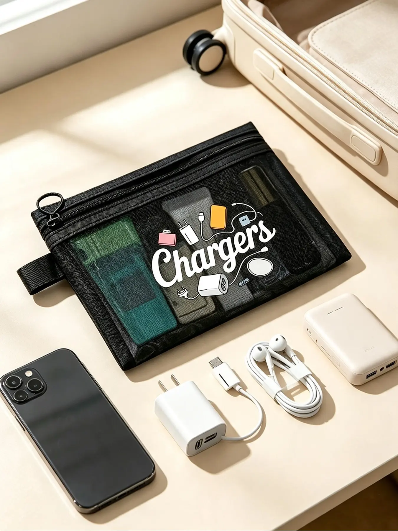 Cute Cartoon Charger Theme Mesh Storage Bag, Portable Cable Organizer with Zipper, Ideal for Travel and Daily Use
