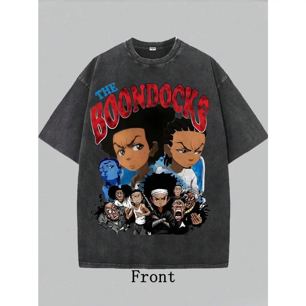 Oversize Vintage Washed T-Shirt - Street Style Pure Cotton Short Sleeve - The Boondocks Print And Text - Perfect For Casual Wear - Men's Summer Tee Washable Unisex T-shirt